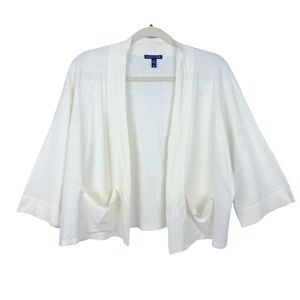 Eileen Fisher Organic Linen White Open Front Kimono Sleeve Cardigan S/M Pockets